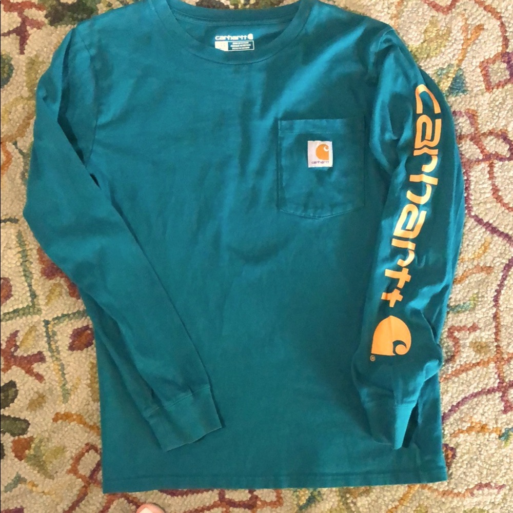 Carhartt Kids' Teal Long-Sleeve Pocket Tee with Orange Sleeve Logo